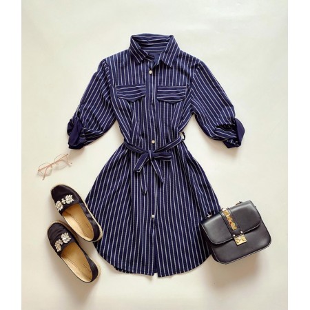 Rochie de zi ieftina bleumarin stil camasa cu imprimeu linii si cordon in talie